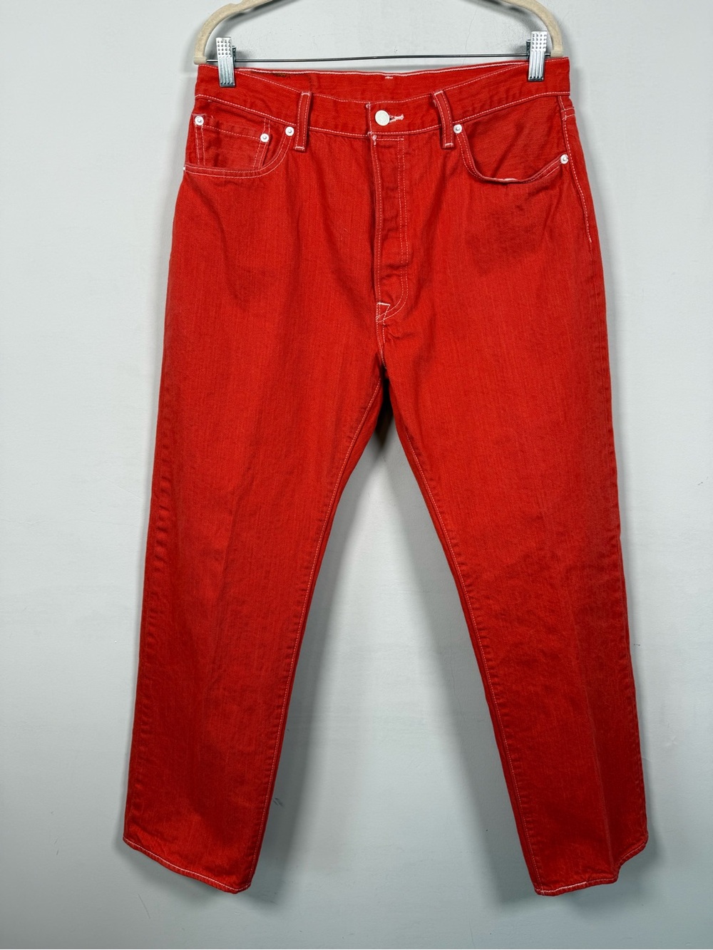 Levi's 501 Original Fit Red Denim Jeans White Contrast Stitch Men's Size 36x32